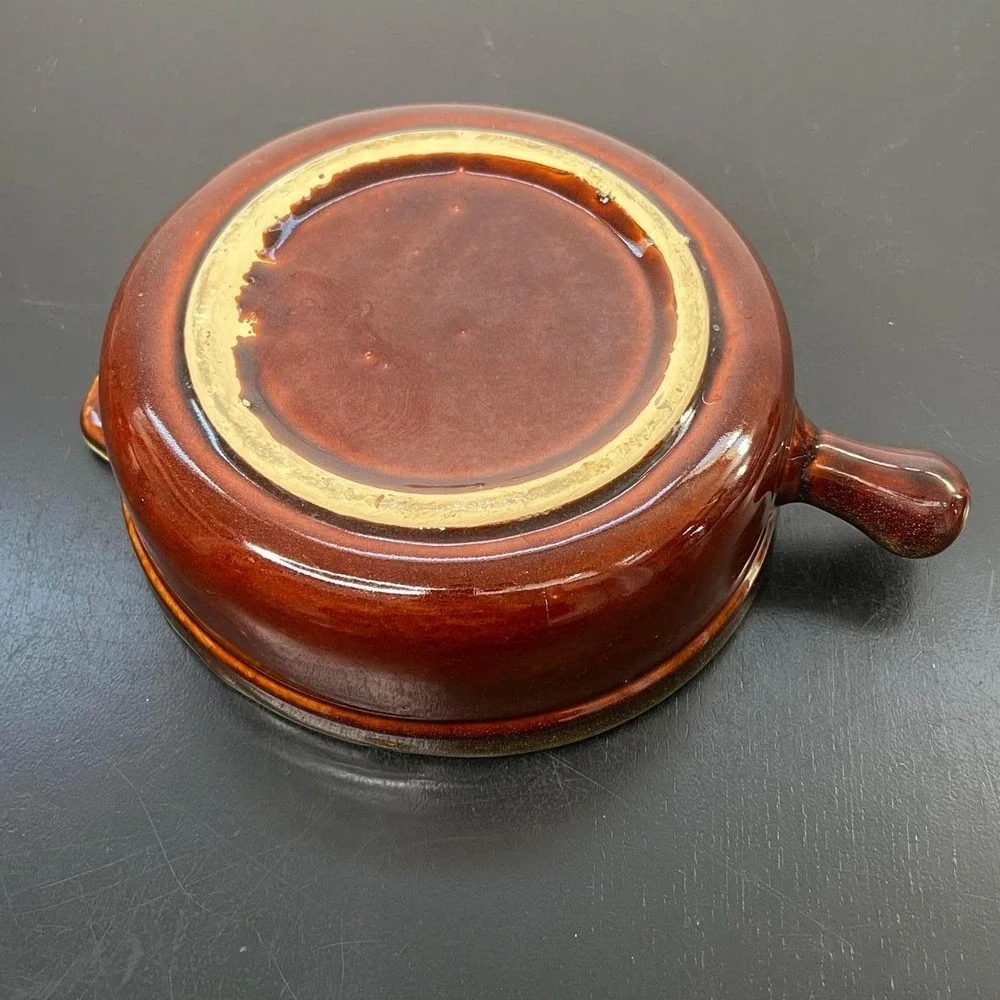 Vintage‎ Ceramic Casserole Dish Brown Turquoise MCM Single Handle 6.5in